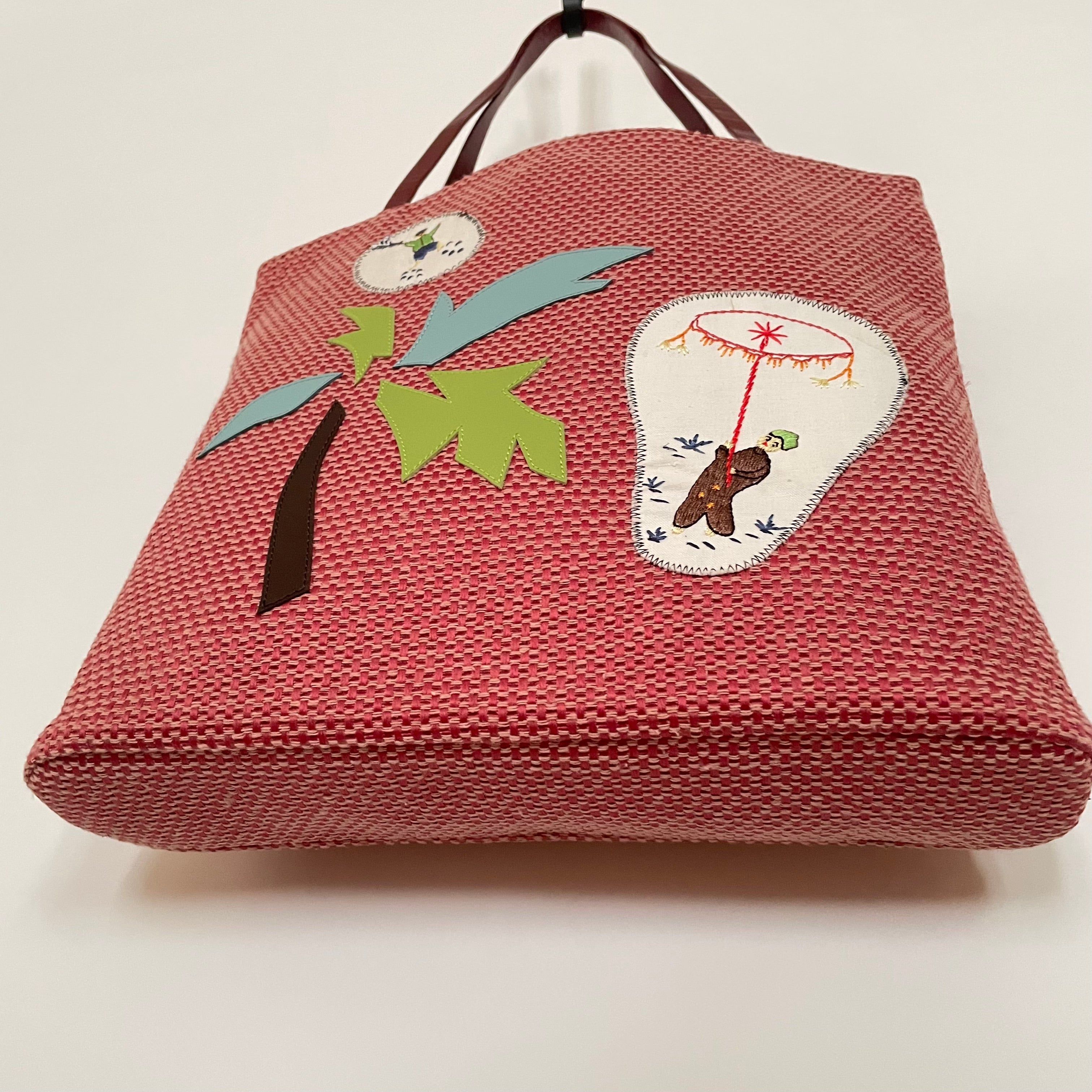 Premium Collection | Soft Cotton Tote with Palm Tree Embroidery Appliqué and Leather Handles | Red